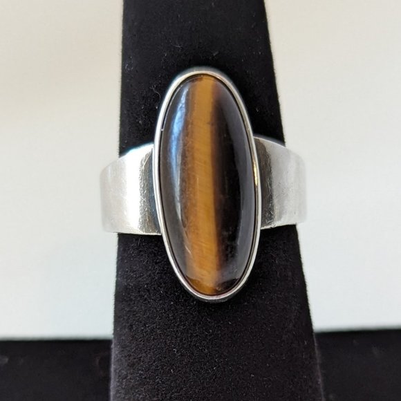 N.E. From Denmark Vintage Sterling Silver & Tiger's Eye Modernist Ring Size 8 - Picture 2 of 8
